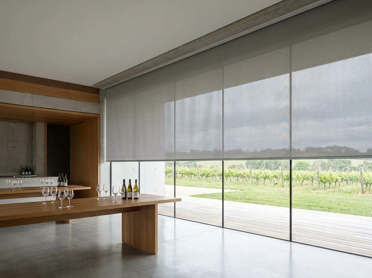 Roller blind concealed in a recessed ceiling pelmet above wide glass in a modern wine-estate cellar-door extension