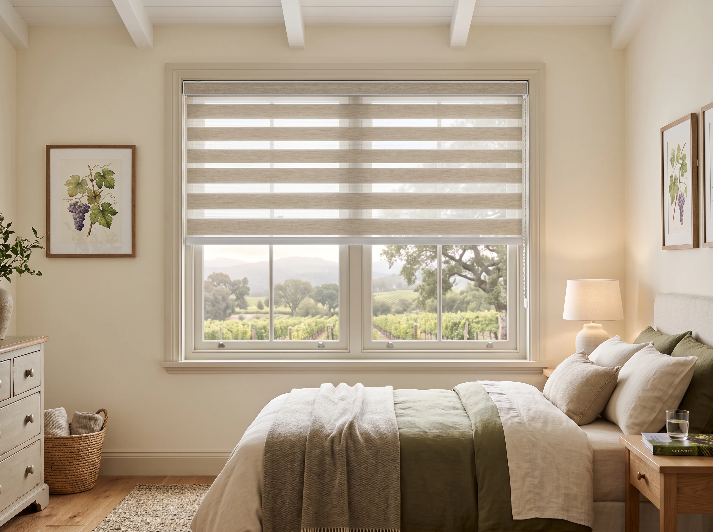 Day and night banded roller blind over a bedroom window in a wine-estate guest cottage, vineyard view outside