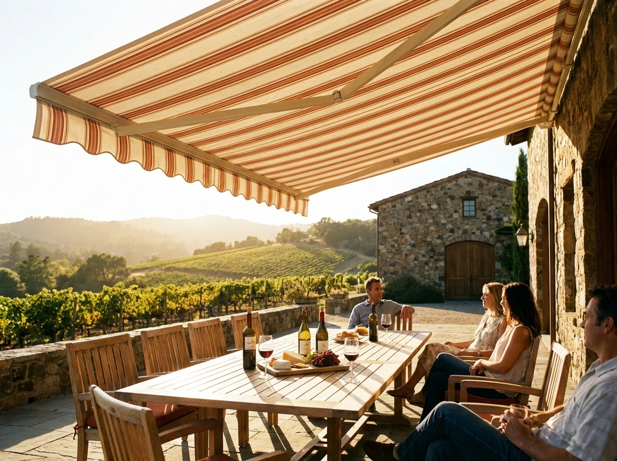 Striped folding-arm awning extended over an outdoor wine-tasting table with vineyard rows and mountains behind