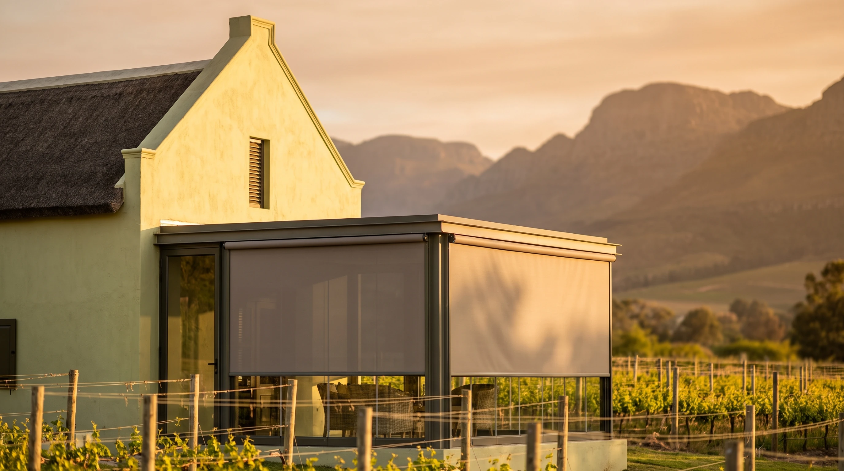 Sunscreen roller and zip screens lowered over a glass-walled tasting-room extension beside a lime-washed Cape Dutch gable, Stellenbosch Winelands vineyard and mountains behind