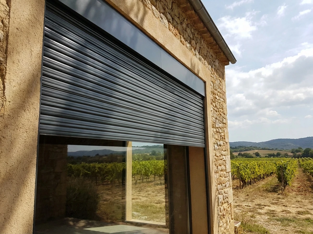 Aluminium roller shutter partially lowered over a glass window on a wine-estate building exterior for sun control