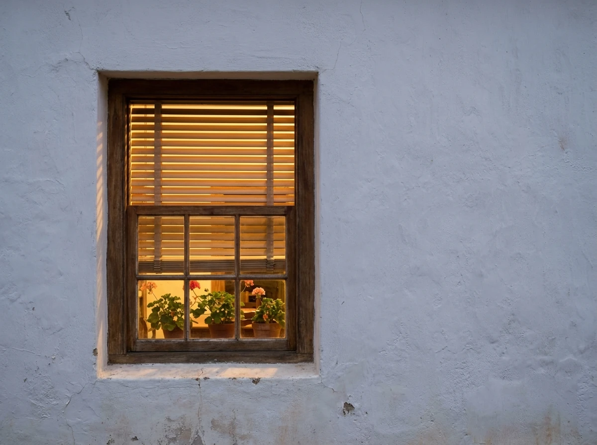 Timber venetian blind tilted open in a small deep-set window of an old lime-washed Cape Dutch wine-farm homestead